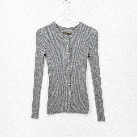 ENZA COSTA Cashmere Poorboy Rib Cardigan Women Medium Gray Long Sleeve Crew Top - Picture 2 of 13